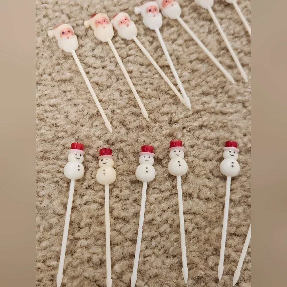Set Of 36 VTG Toothpicks‎ Snowman Santa Claus Christmas Holiday Plastic
